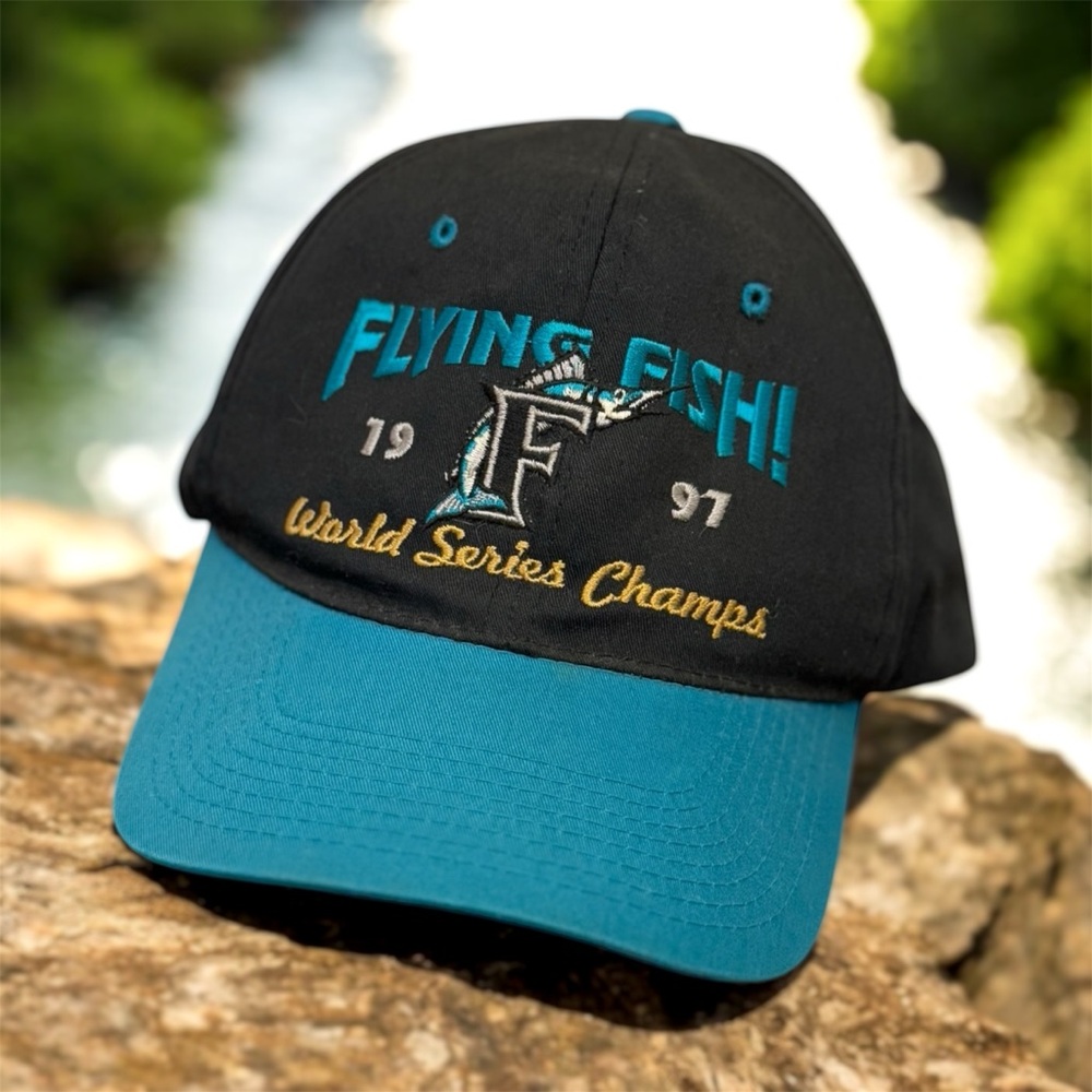 Vintage World Series 1997 Florida Marlins Snapback Hat Headmaster Black & Teal
